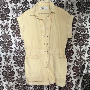 Zara Cream Short-Sleeve Button-Up Romper